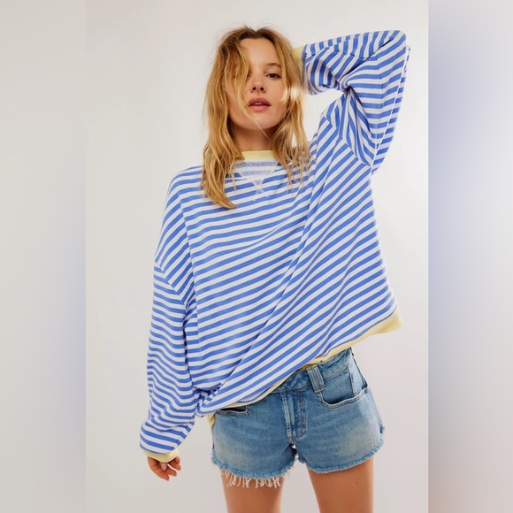 NWOT✨Free People Classic Striped Oversized Crewneck🩵💛 - Picture 2 of 5